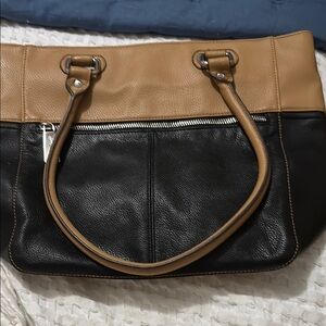 Two-Tone Black and Tan Leather Tote Bag